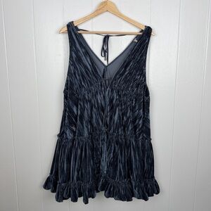 Free People Pleated Plush Swing Dress Rare Night Blue Velvet Size Small